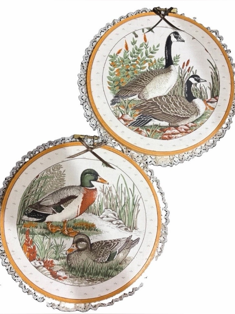 Vintage Puff Fabric Hoop Wall Hanging set birds country farmhouse handmade